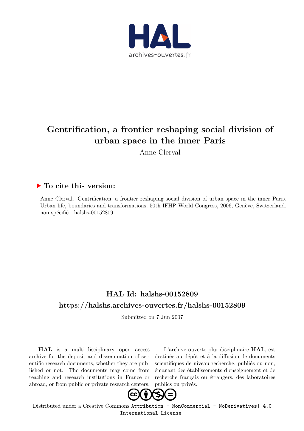 Gentrification, a Frontier Reshaping Social Division of Urban Space in the Inner Paris Anne Clerval