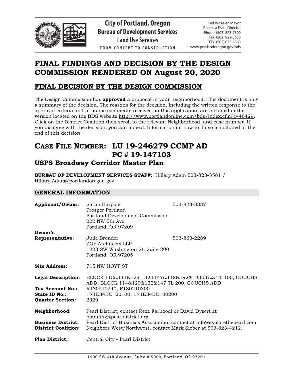 FINAL FINDINGS and DECISION by the DESIGN COMMISSION RENDERED on August 20, 2020