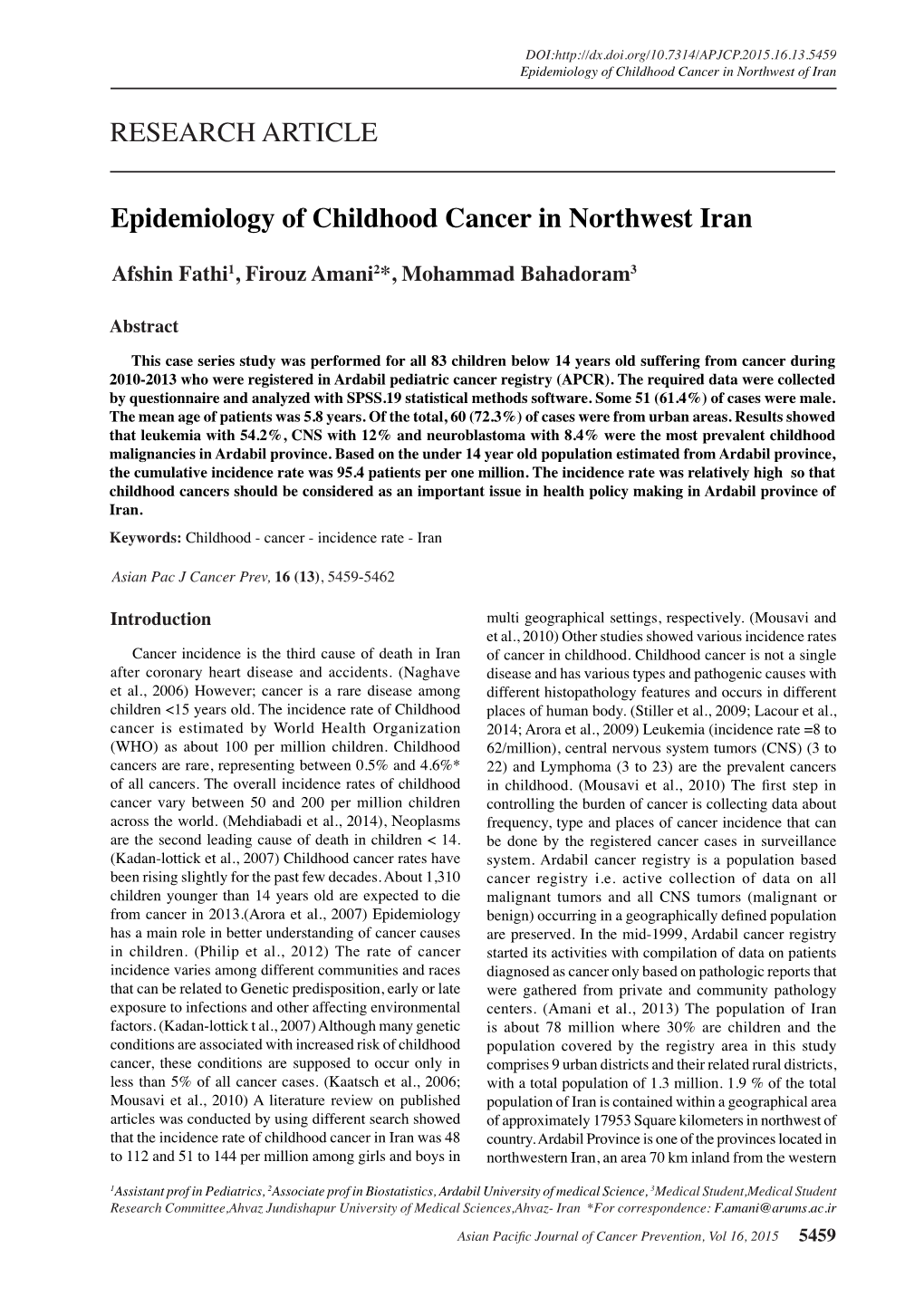 Epidemiology of Childhood Cancer in Northwest Iran