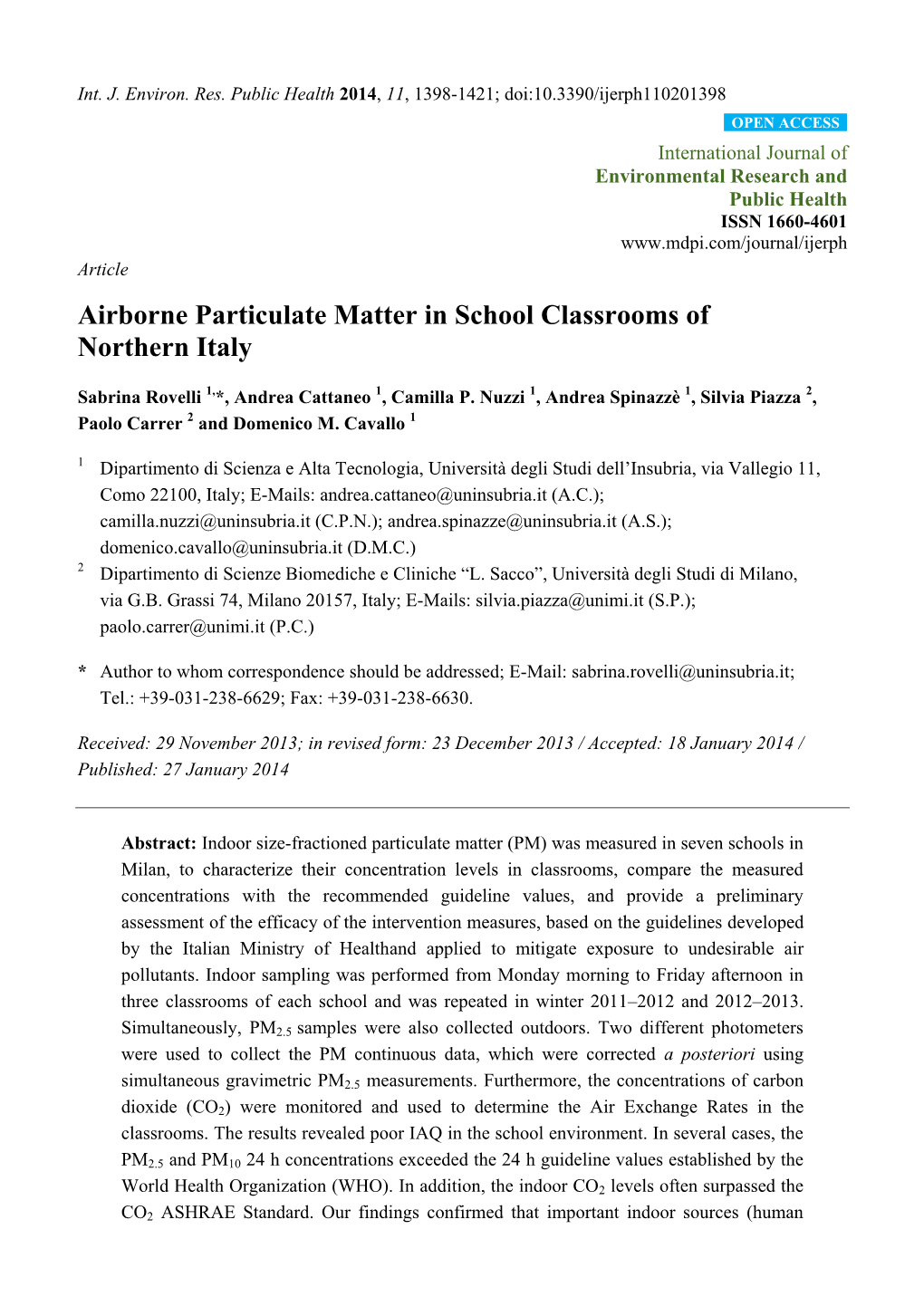 Airborne Particulate Matter in School Classrooms of Northern Italy