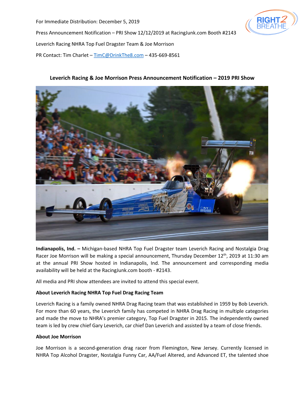 Leverich Racing & Joe Morrison Press Announcement Notification – 2019