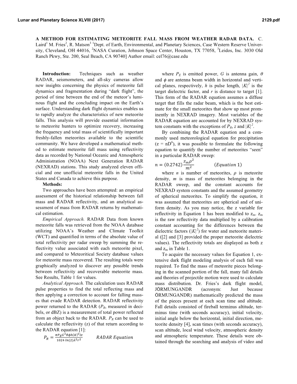 A Method for Estimating Meteorite Fall Mass from Weather Radar Data