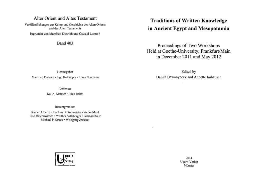 Traditions of Written Knowledge in Ancient Egypt and Mesopotamia