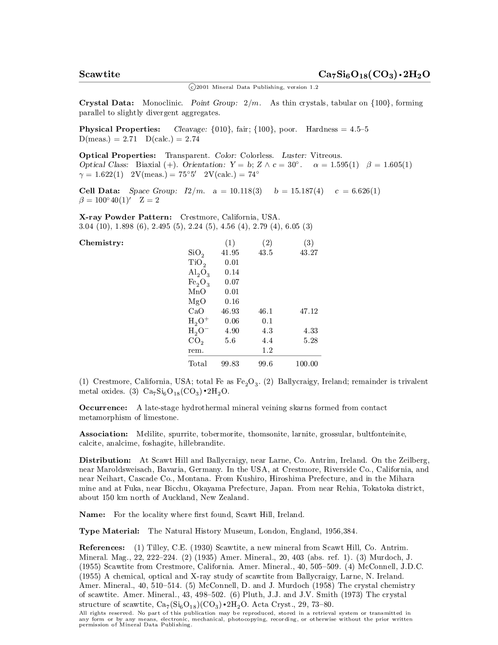 Scawtite Ca7si6o18(CO3) ² 2H2O C 2001 Mineral Data Publishing, Version 1.2 ° Crystal Data: Monoclinic