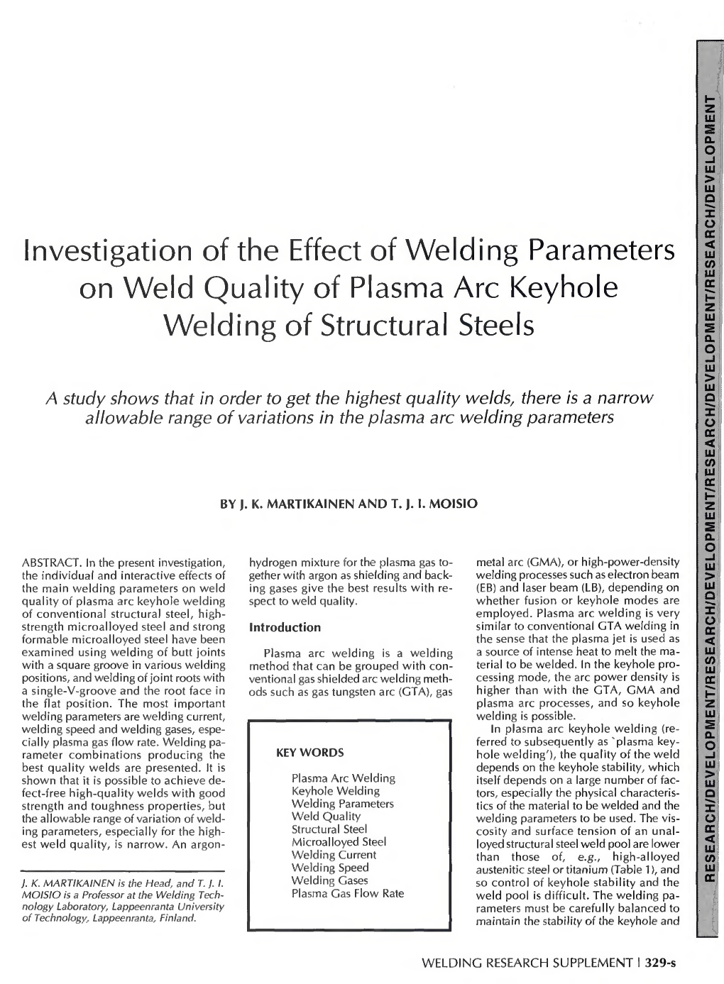 Investigation of the Effect of Welding Parameters on Weld Quality of Plasma Arc Keyhole Welding of Structural Steels