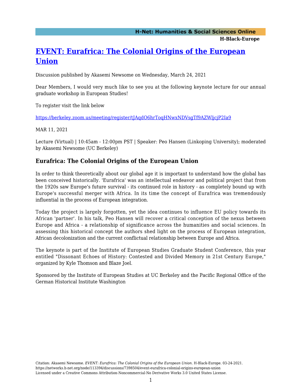 EVENT: Eurafrica: the Colonial Origins of the European Union