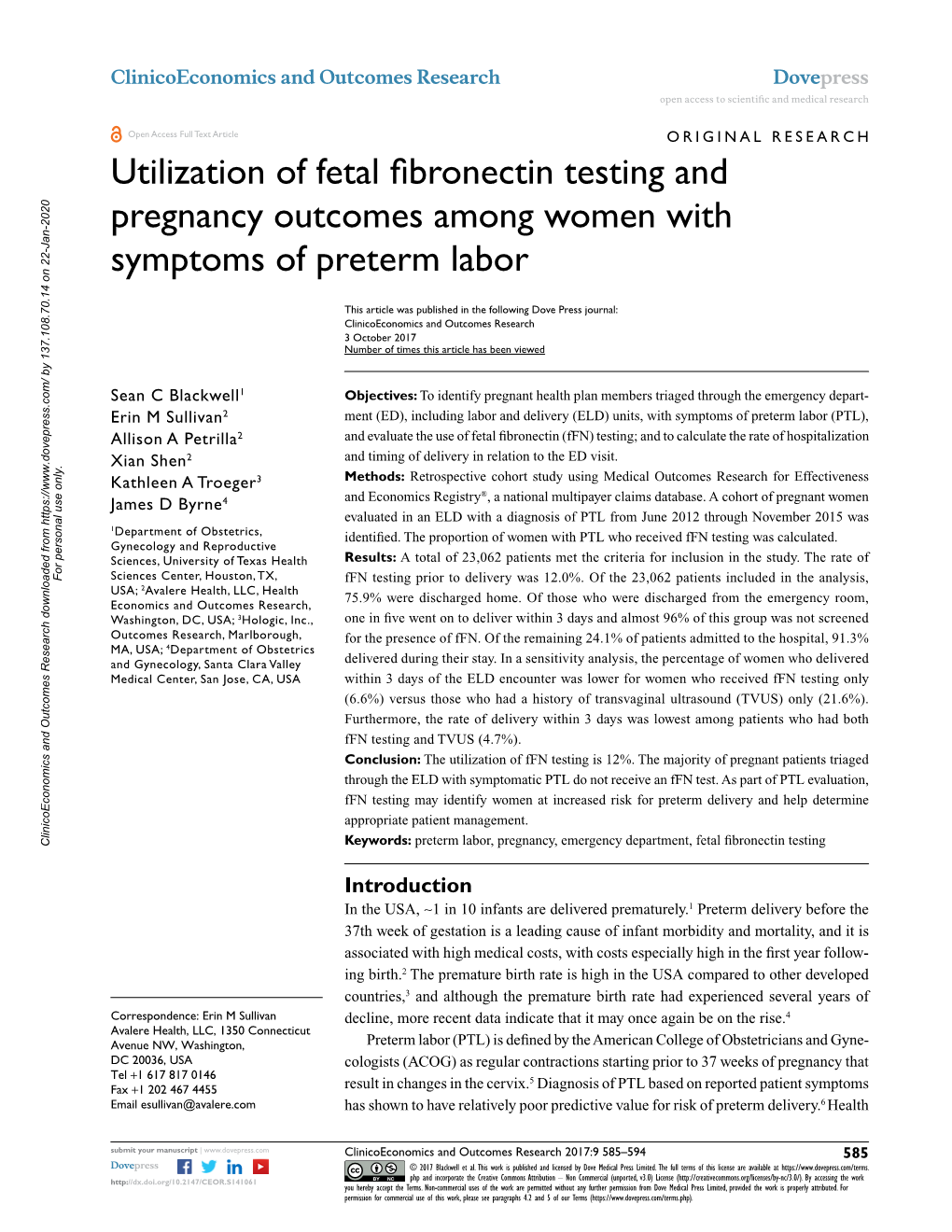 Utilization of Fetal Fibronectin Testing and Pregnancy Outcomes Among Women with Symptoms of Preterm Labor