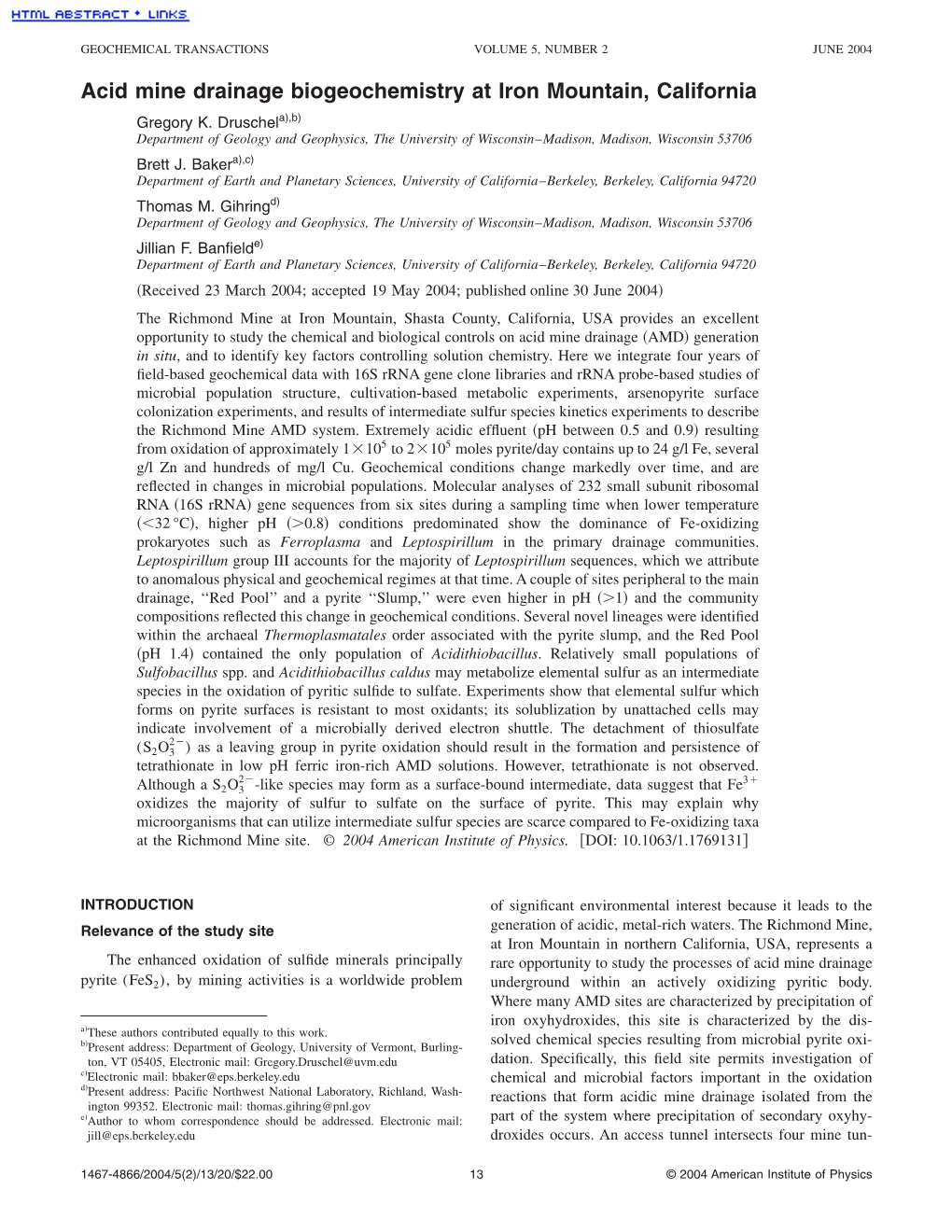 Acid Mine Drainage Biogeochemistry at Iron Mountain, California Gregory K