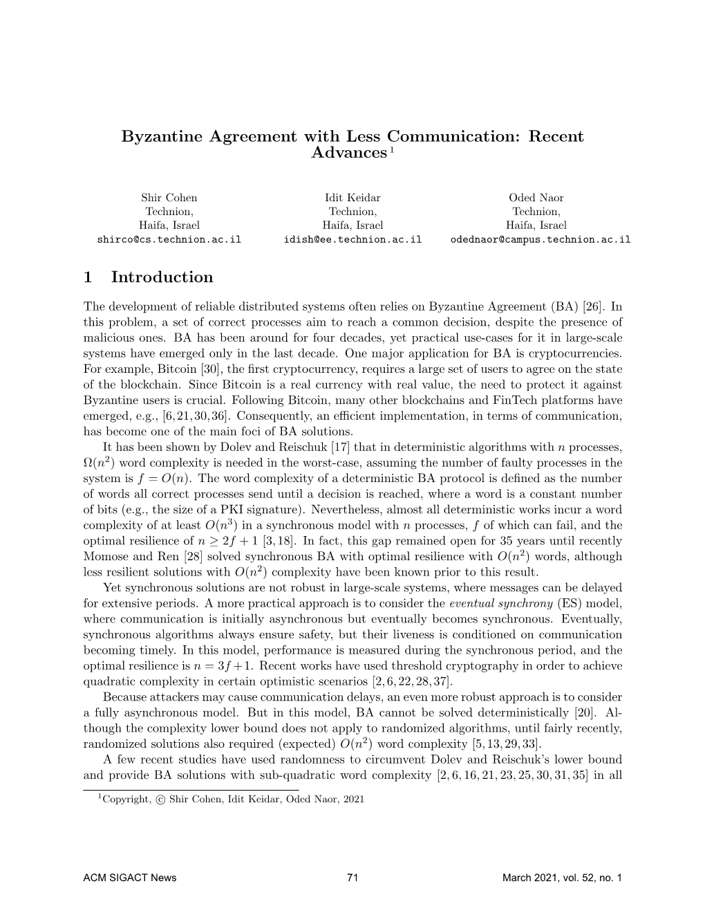 Byzantine Agreement with Less Communication: Recent Advances 1