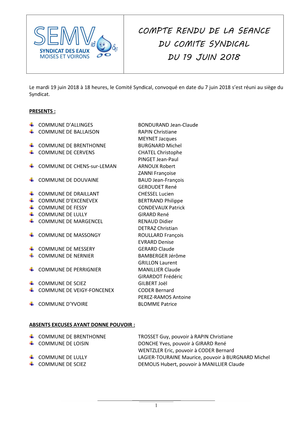 Compte Rendu De La Seance Du Comite Syndical Du 19 Juin 2018