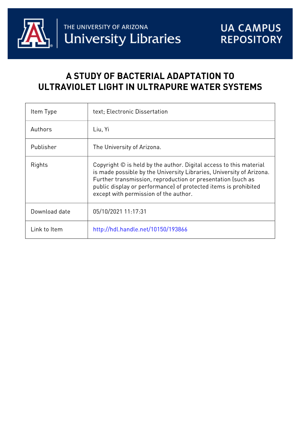 A Study of Bacterial Adaptation to Ultraviolet Light in Ultrapure Water Systems