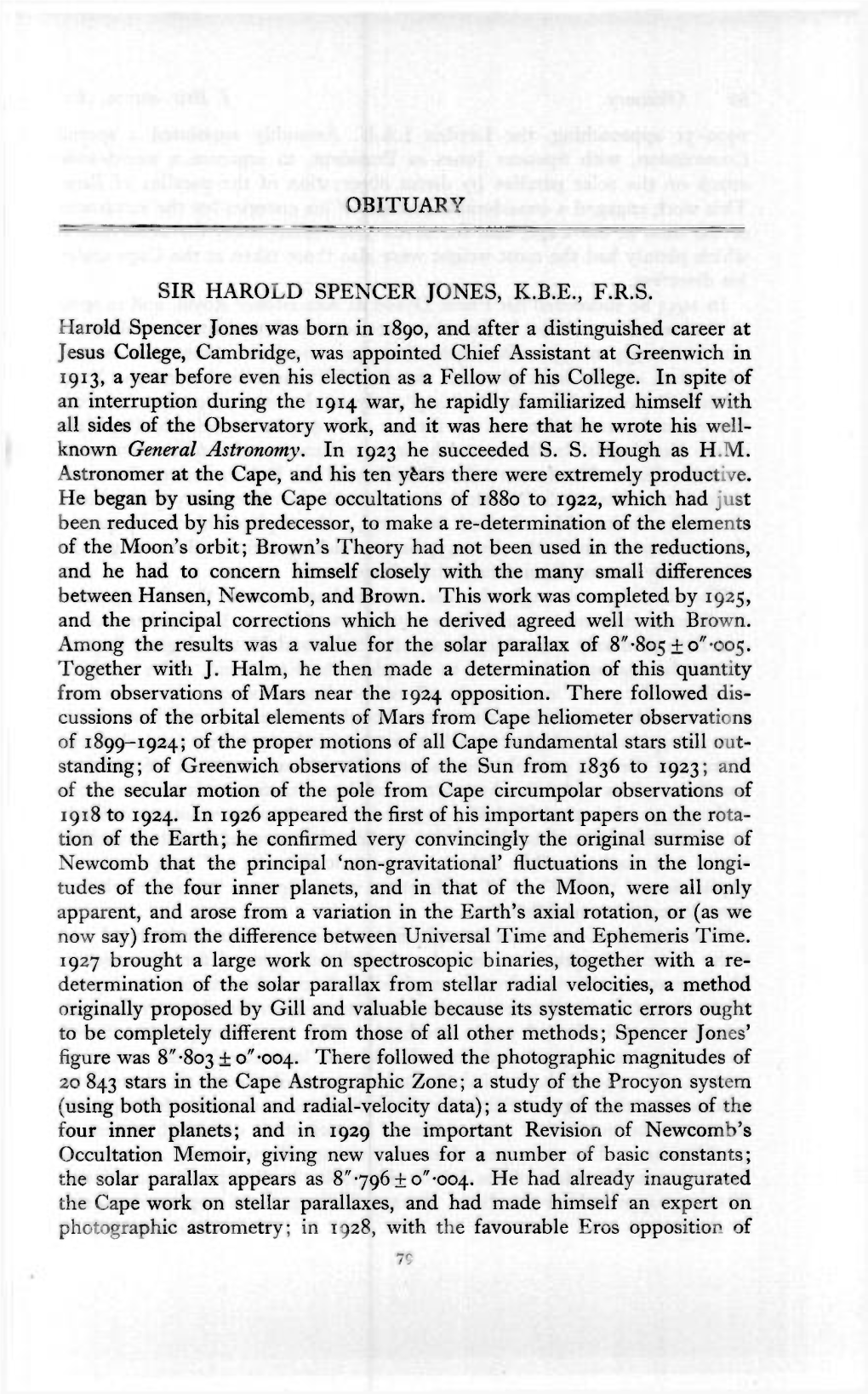 OBITUARY SIR HAROLD SPENCER JONES, K.B.E., F.R.S. Harold