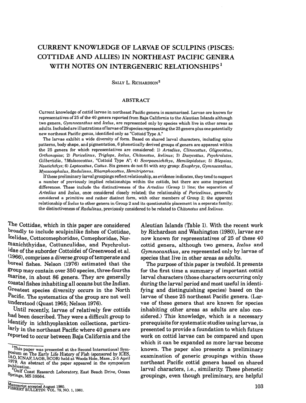 Current Knowledge of Larvae of Sculpins (Pisces: Cottidae and Allies) in Northeast Pacific Genera