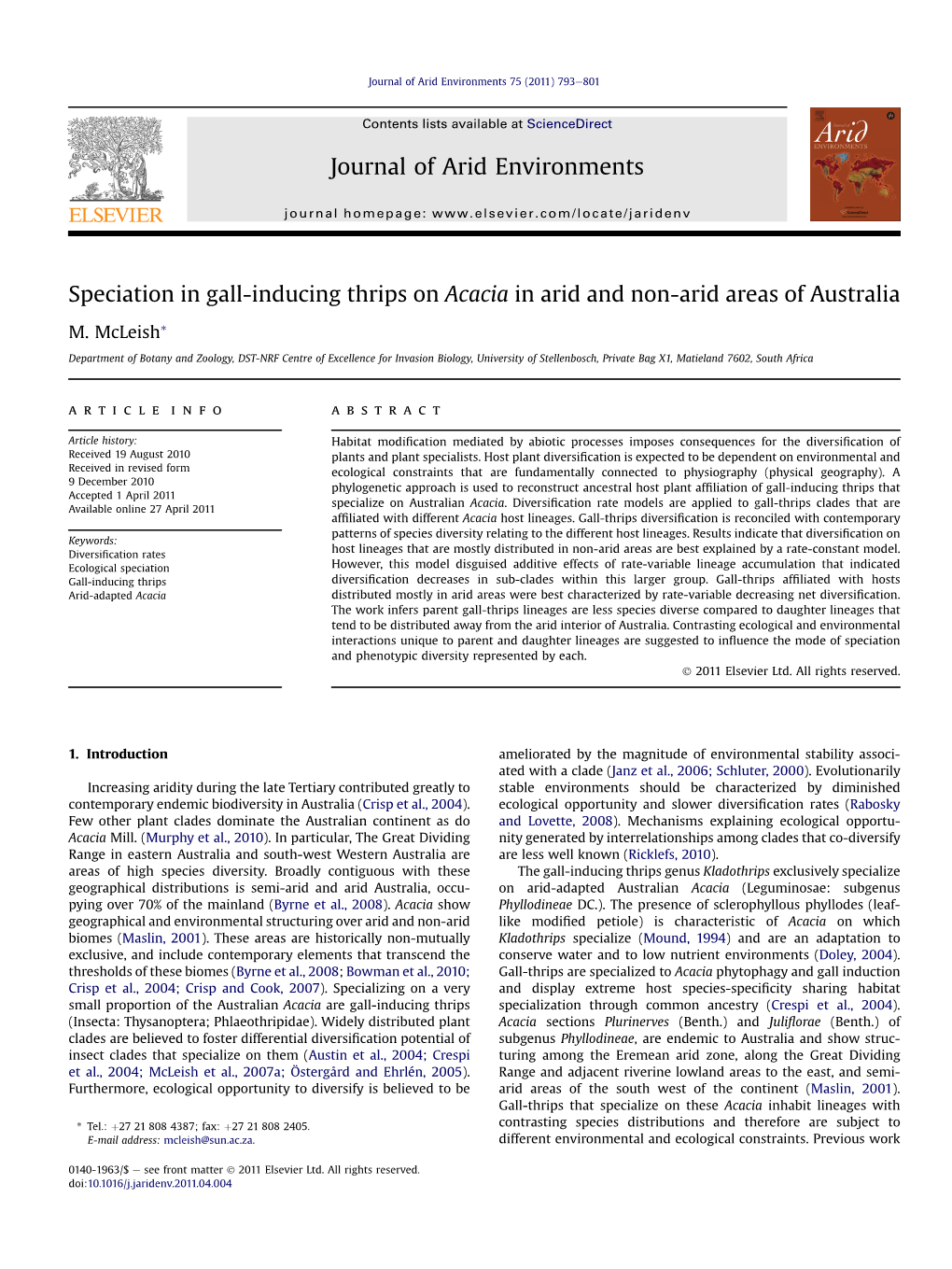 Speciation in Gall-Inducing Thrips on Acacia in Arid and Non-Arid Areas of Australia