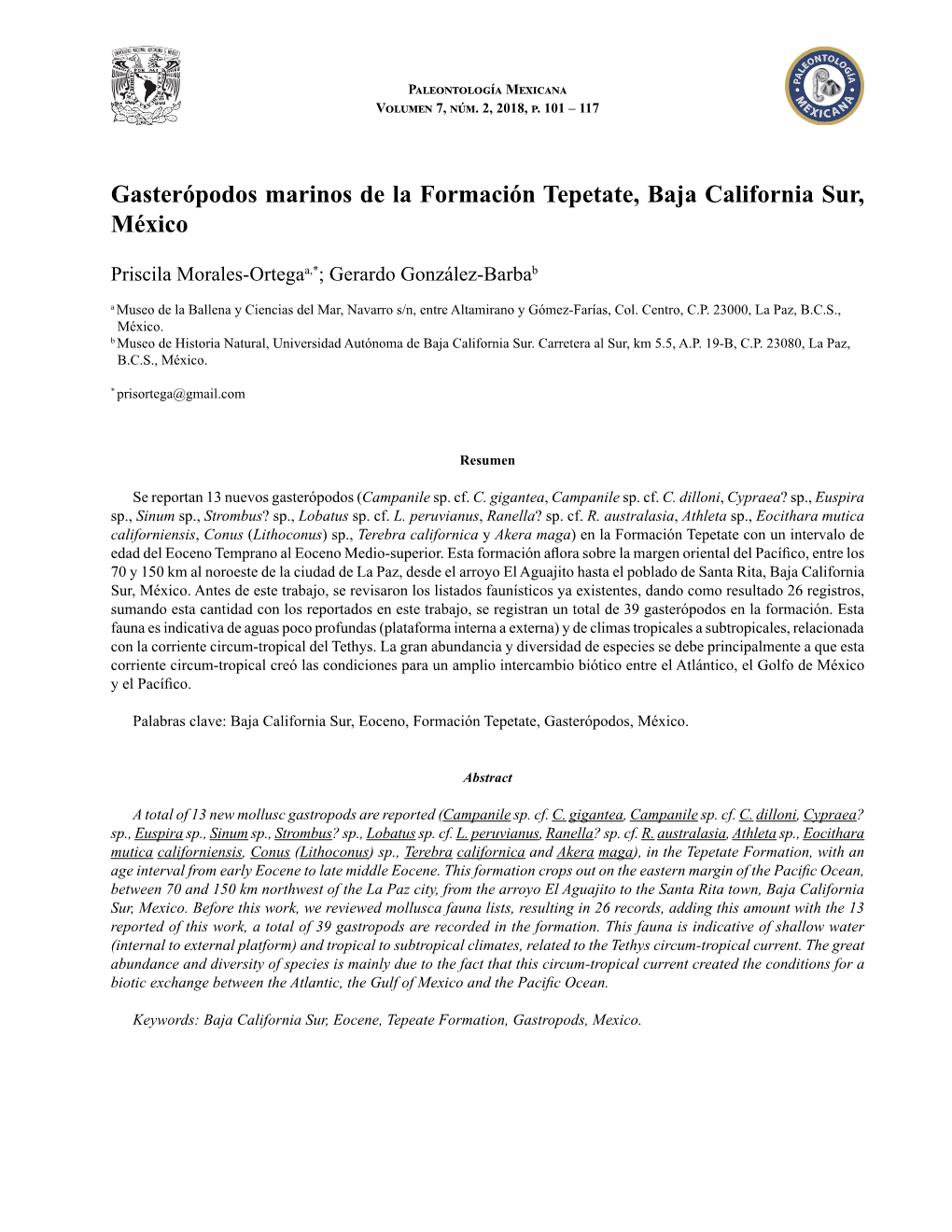Gasterópodos Marinos De La Formación Tepetate, Baja California Sur, México