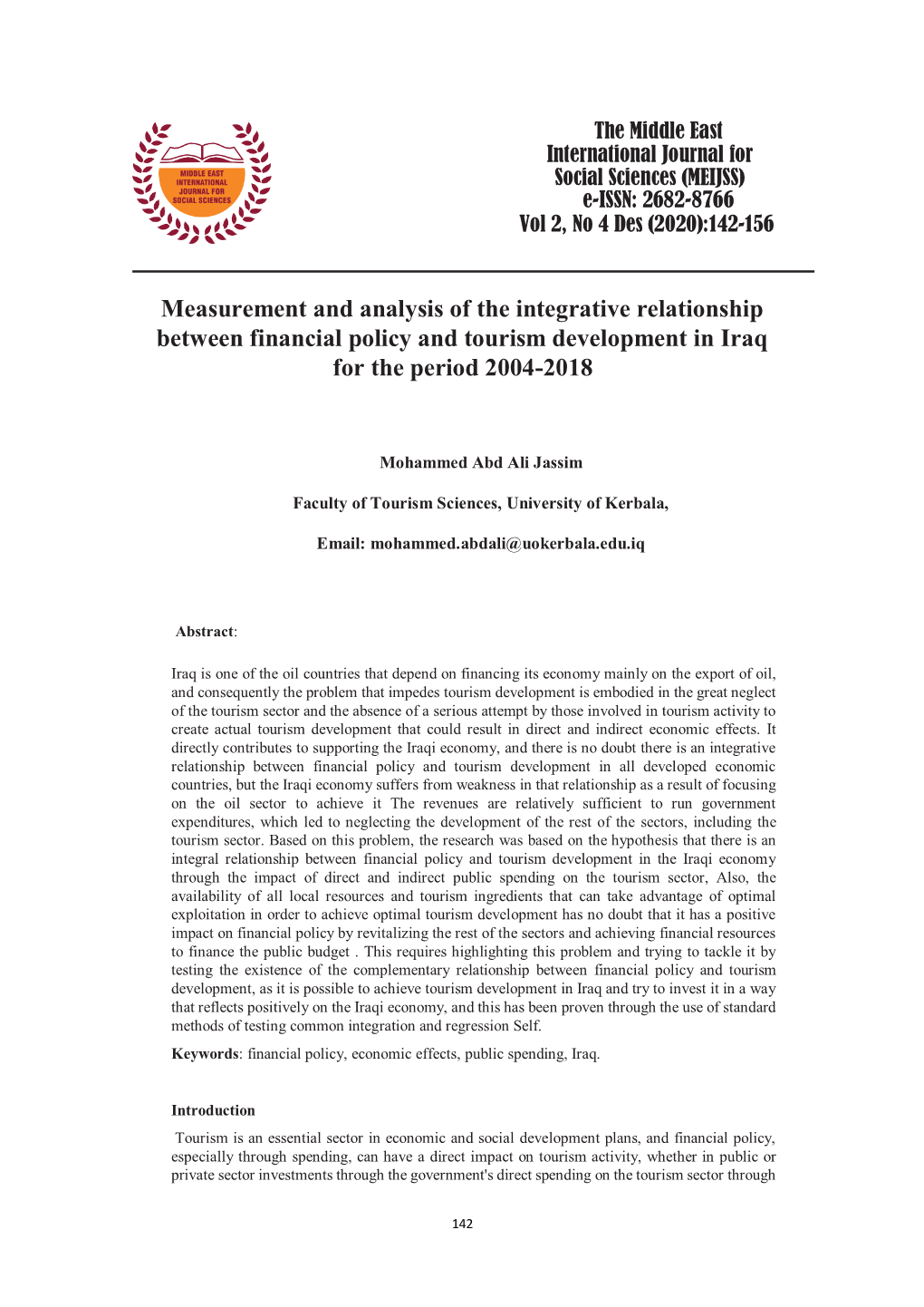 Measurement and Analysis of the Integrative Relationship Between Financial Policy and Tourism Development in Iraq for the Period 2004-2018