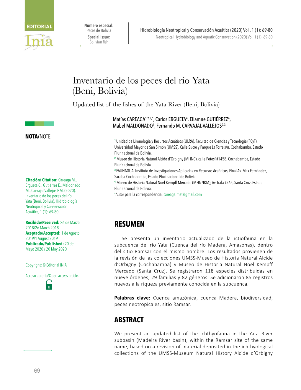 Inventario De Los Peces Del Río Yata (Beni, Bolivia) Updated List of the Fishes of the Yata River (Beni, Bolivia)
