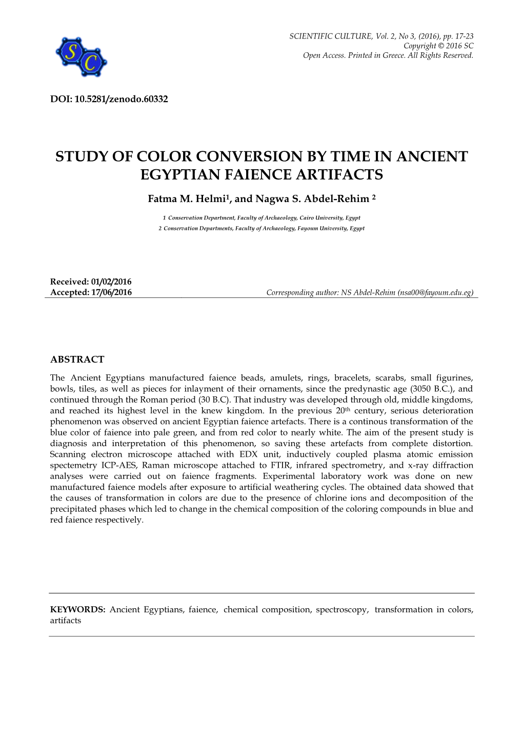 Study of Color Conversion by Time in Ancient Egyptian Faience Artifacts