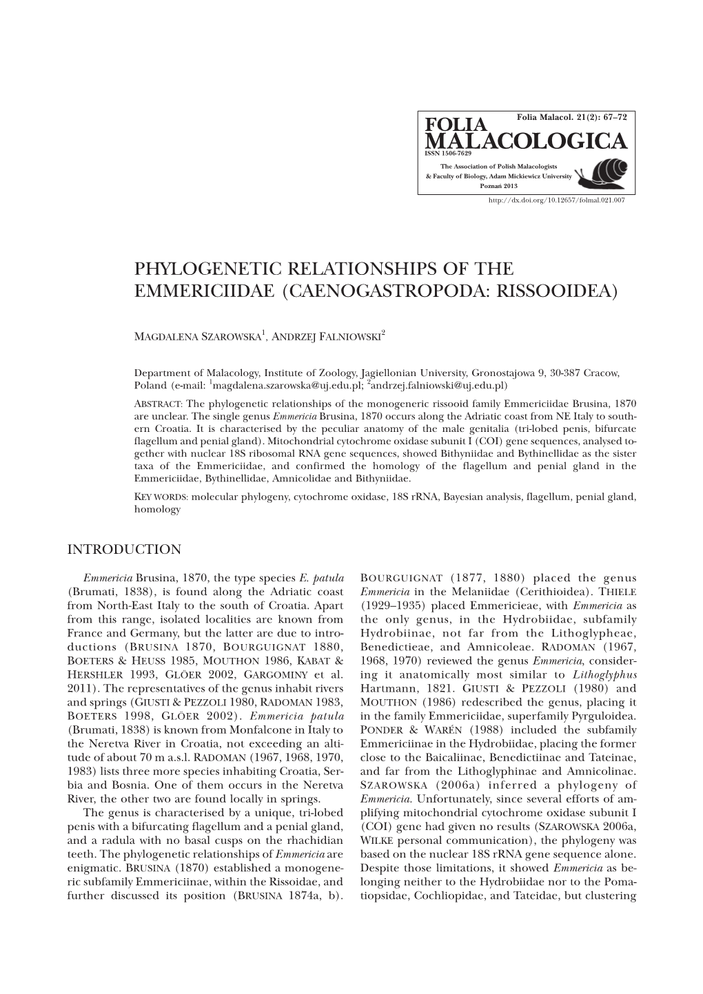 Phylogenetic Relationships of the Emmericiidae (Caenogastropoda: Rissooidea)