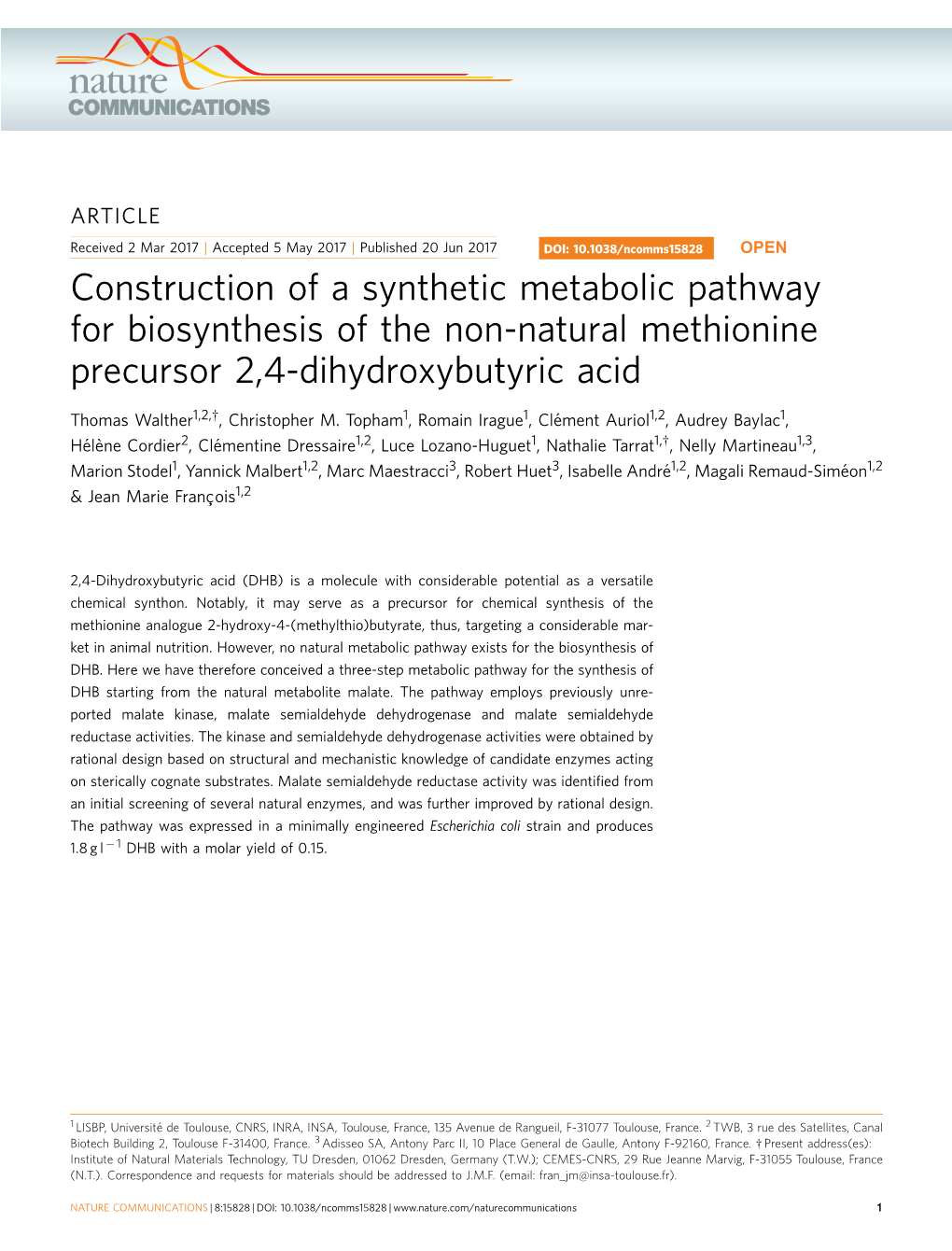 Construction of a Synthetic Metabolic Pathway for Biosynthesis of the Non-Natural Methionine Precursor 2,4-Dihydroxybutyric Acid