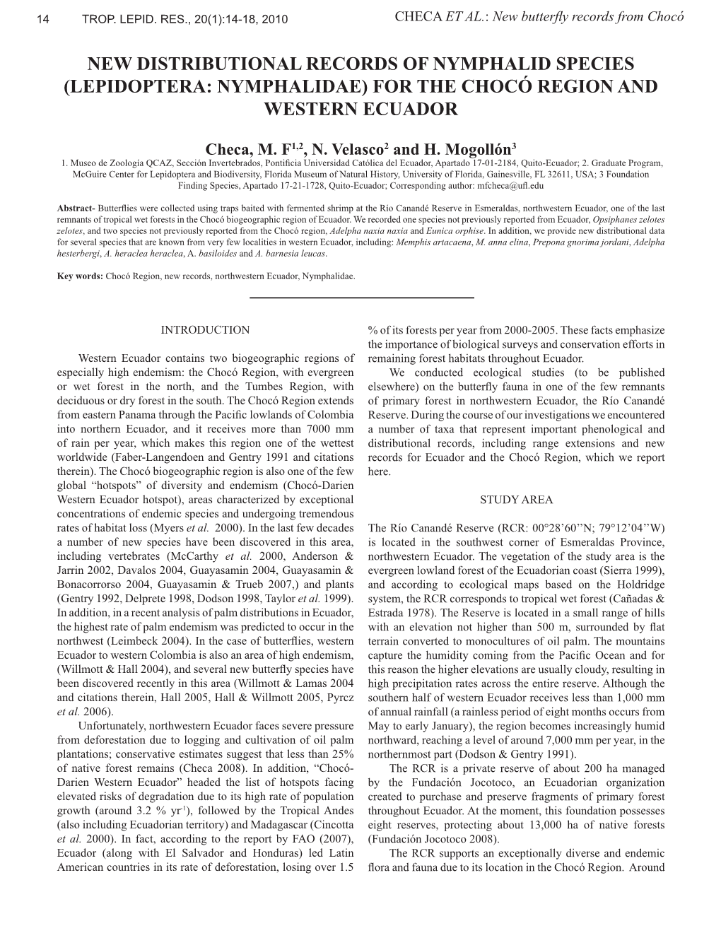 New Distributional Records of Nymphalid Species (Lepidoptera: Nymphalidae) for the Chocó Region and Western Ecuador