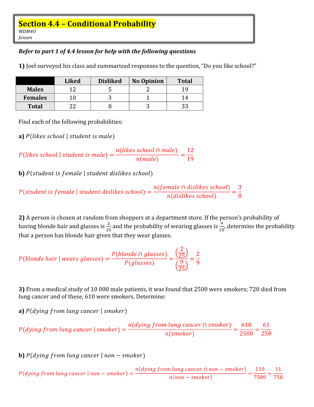 Conditional Probability MDM4U Jensen