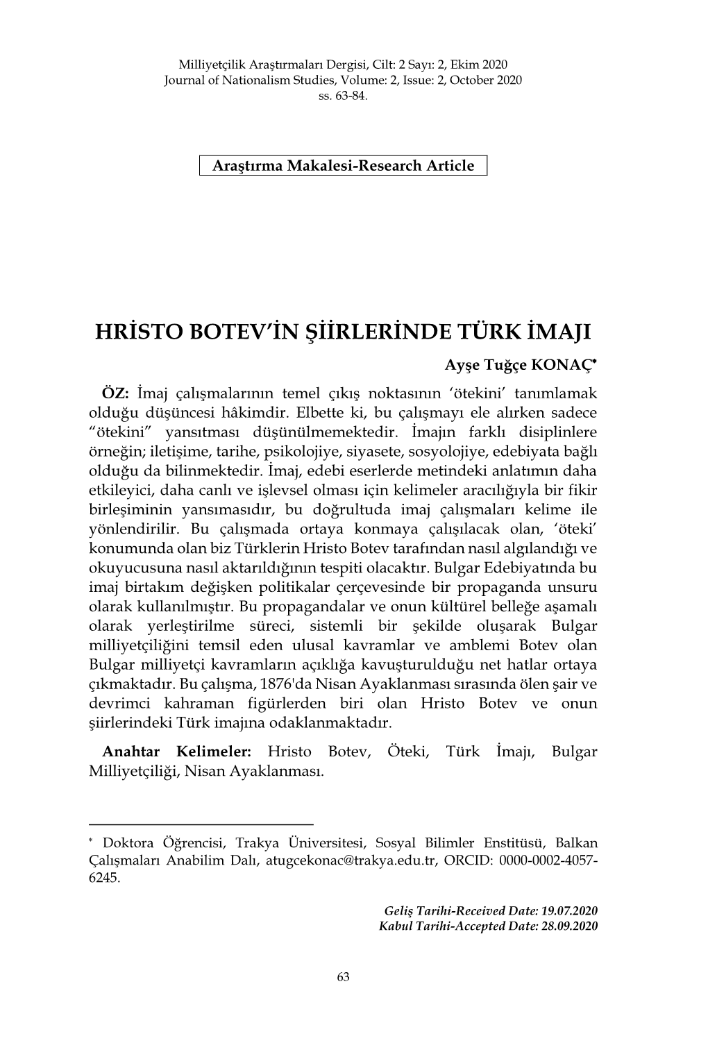 Hristo Botev'in Şiirlerinde Türk Imaji