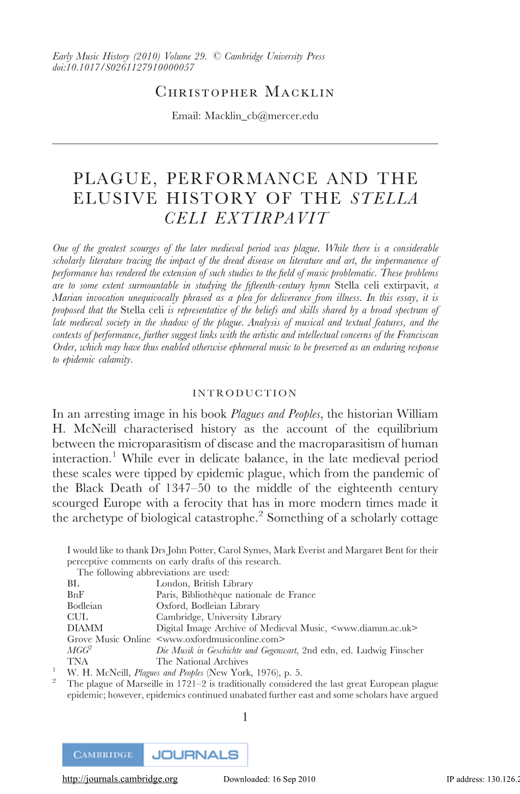 Plague, Performance and the Elusive History of the Stella Celi Extirpavit