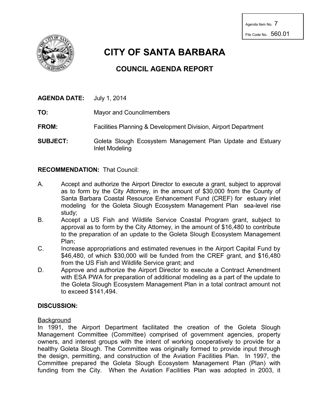 CITY of SANTA BARBARA Council Agenda Report Template