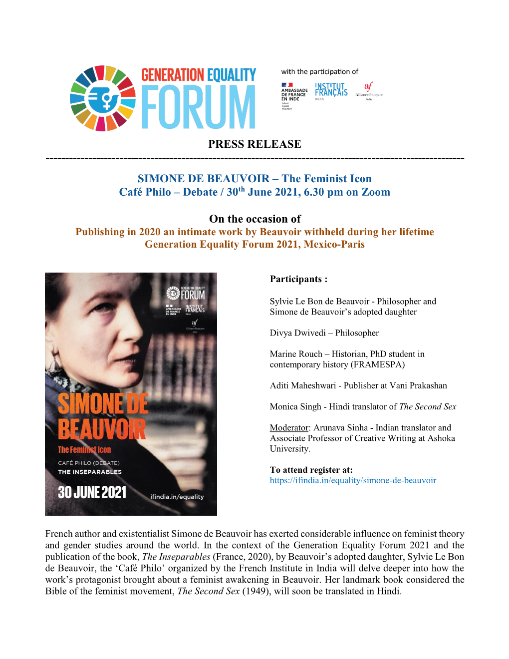 SIMONE DE BEAUVOIR – the Feminist Icon Café Philo – Debate / 30Th June 2021, 6.30 Pm on Zoom