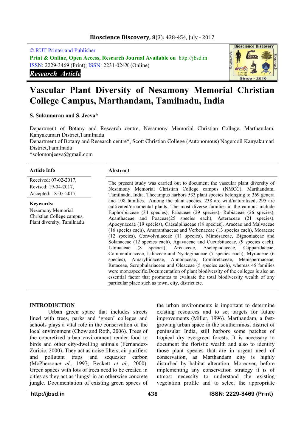 Vascular Plant Diversity of Nesamony Memorial Christian College Campus, Marthandam, Tamilnadu, India