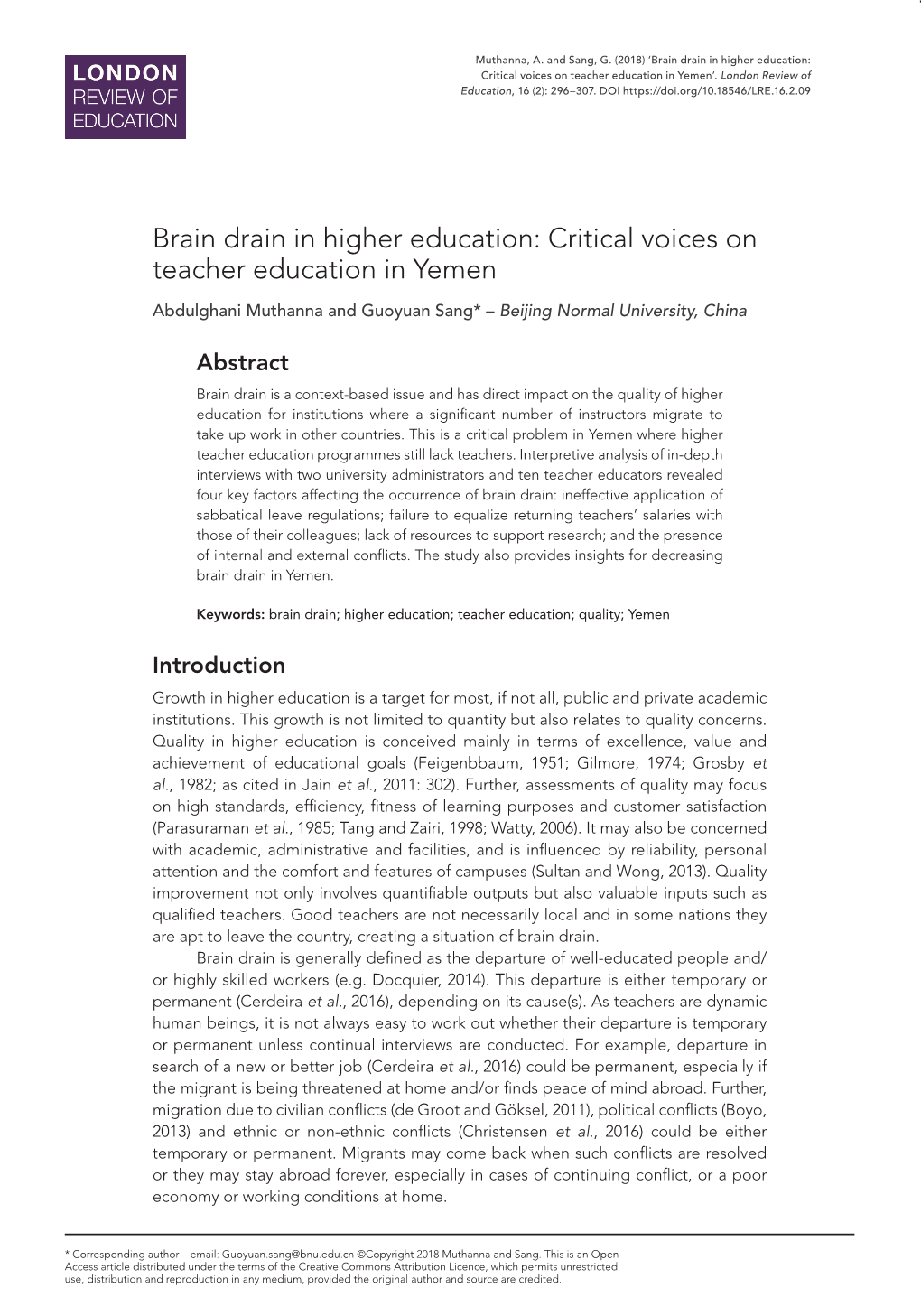 Brain Drain in Higher Education: Critical Voices on Teacher Education in Yemen’