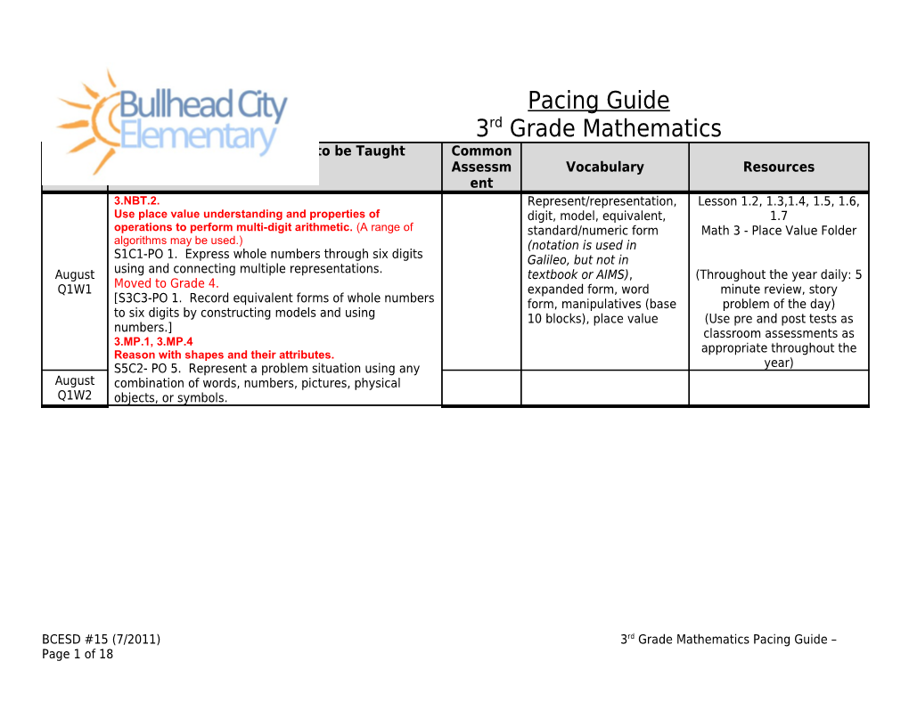 BCESD #15 (7/2011) 3Rd Grade Mathematics Pacing Guide Page 1 of 16