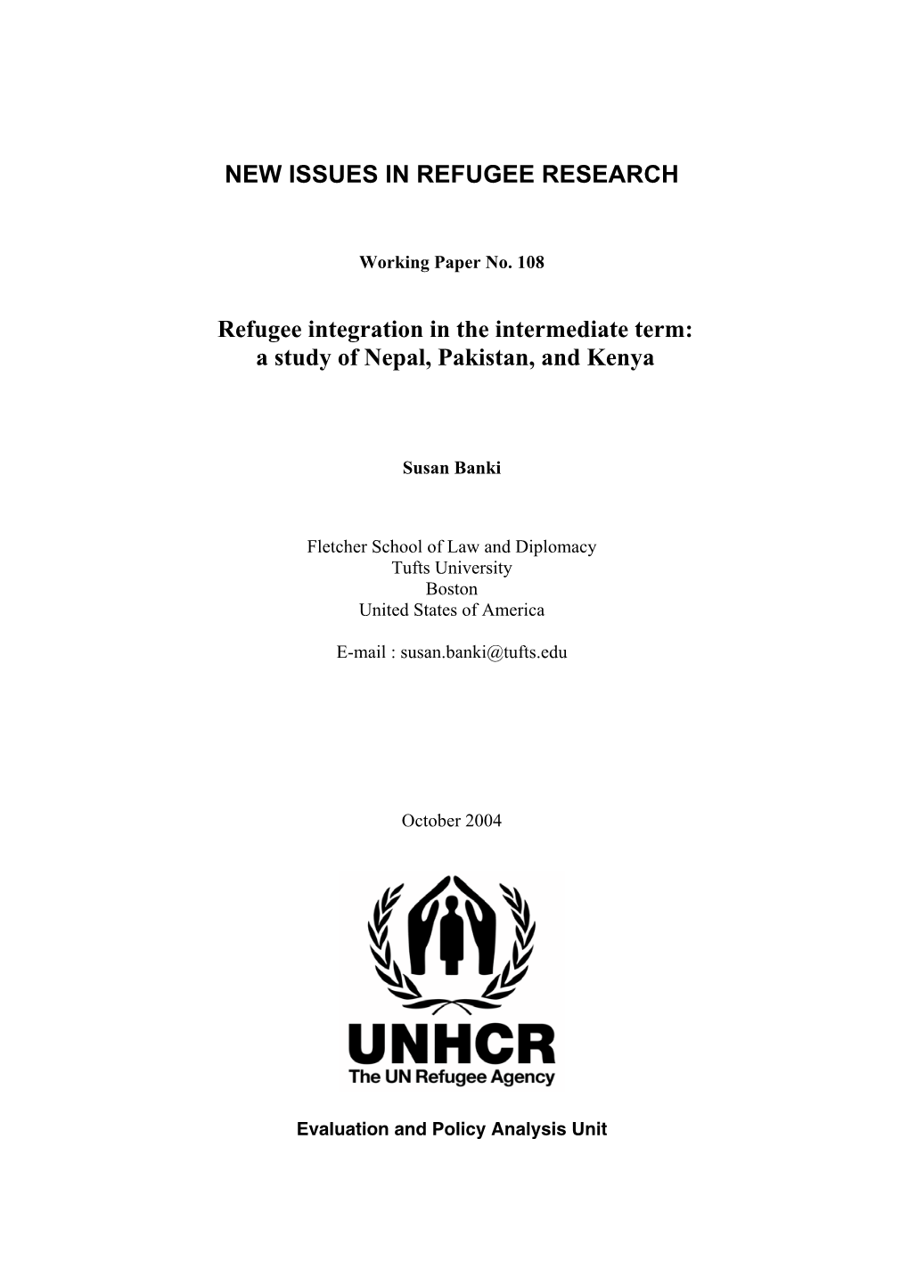 Refugee Integration in the Intermediate Term: a Study of Nepal, Pakistan, and Kenya