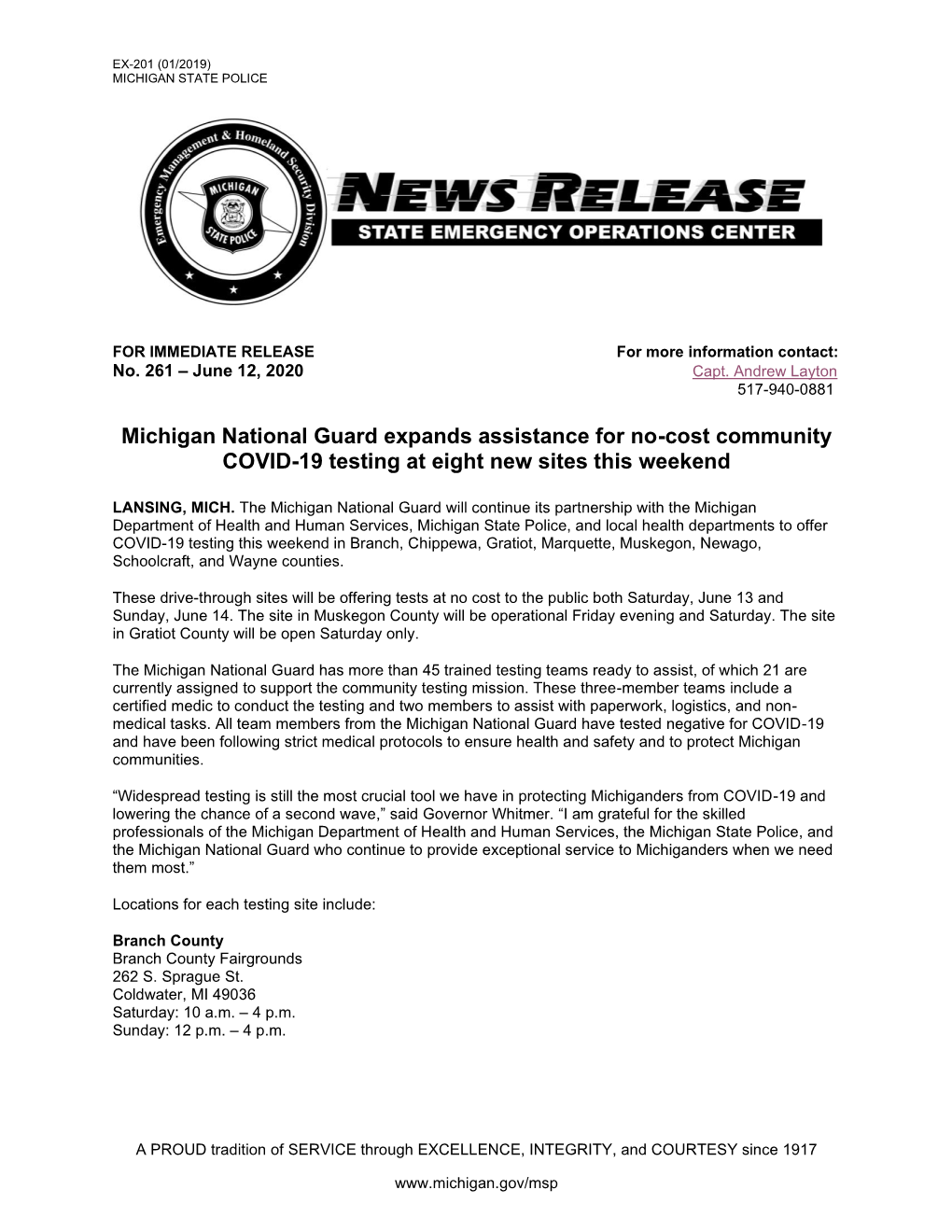 Michigan National Guard Expands Assistance for No-Cost Community COVID-19 Testing at Eight New Sites This Weekend