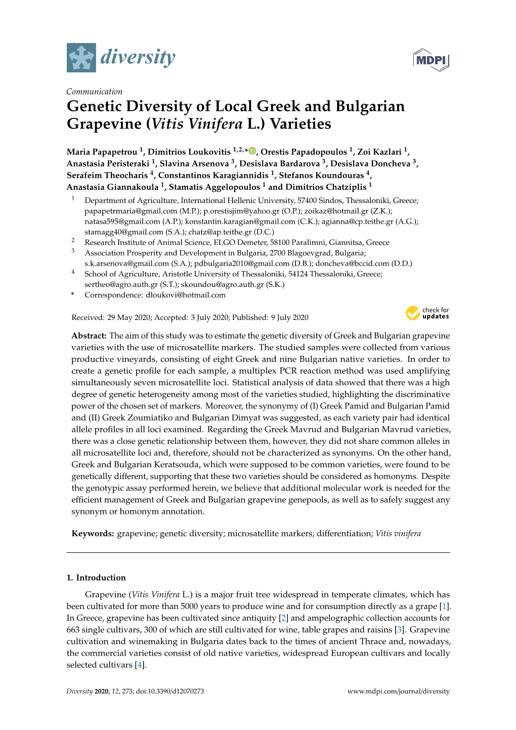 Genetic Diversity of Local Greek and Bulgarian Grapevine (Vitis Vinifera L.) Varieties