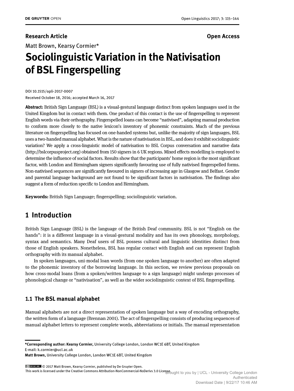 Sociolinguistic Variation in the Nativisation of BSL Fingerspelling