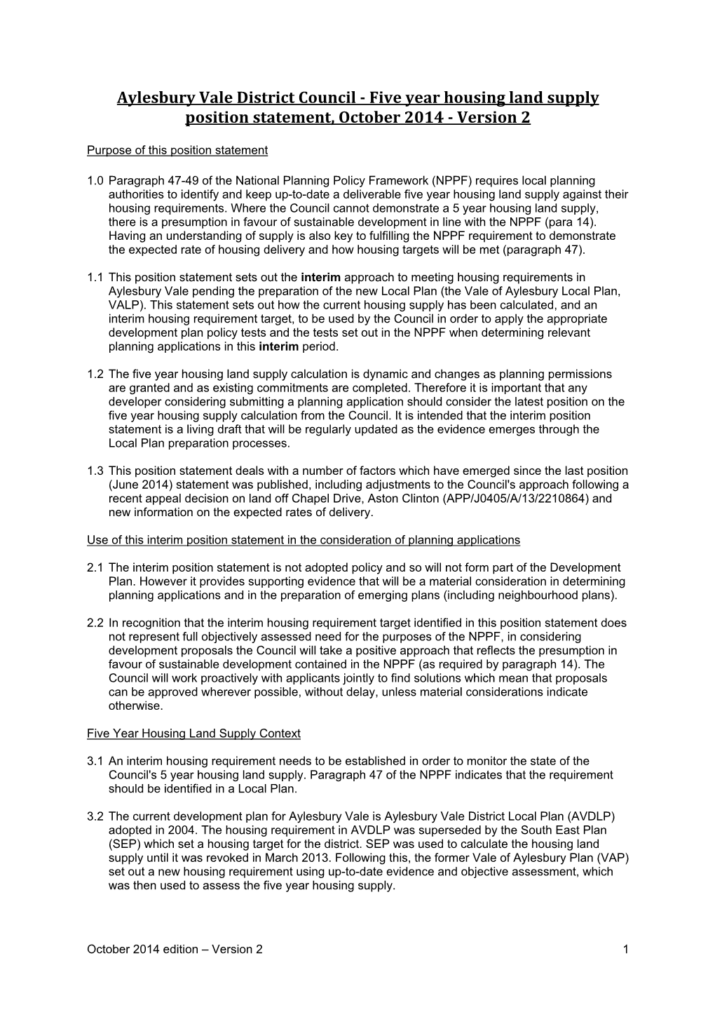 Five Year Housing Land Supply Position Statement, October 2014 ‐ Version 2