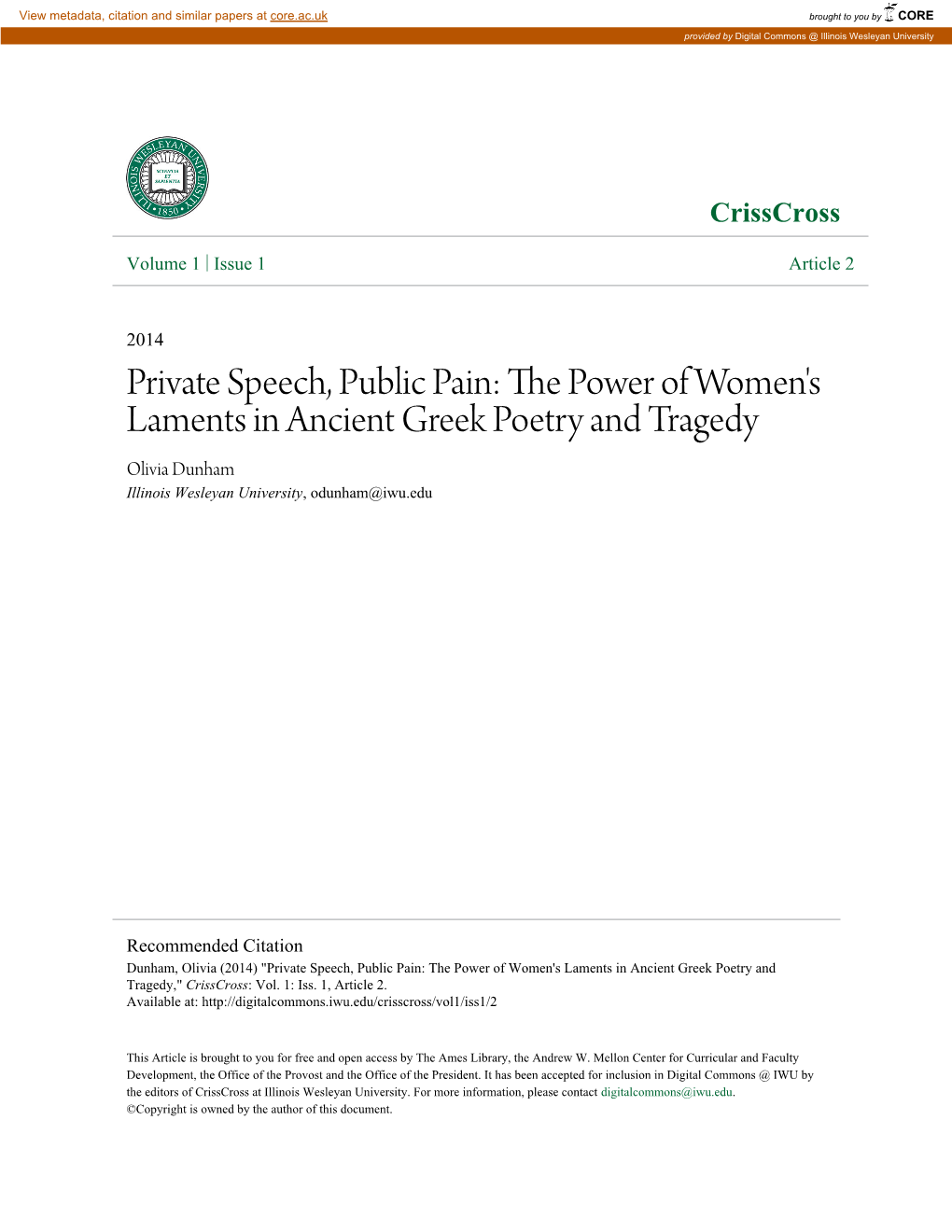 The Power of Women's Laments in Ancient Greek Poetry and Tragedy," Crisscross: Vol