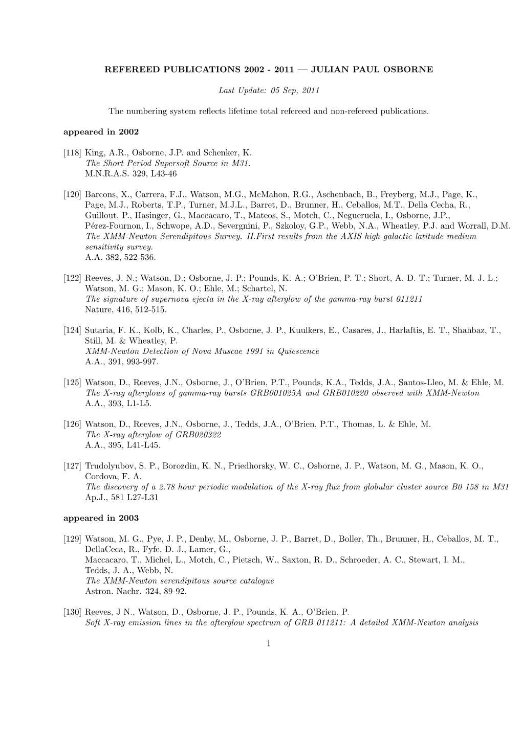 Refereed Publications 2002 - 2011 — Julian Paul Osborne