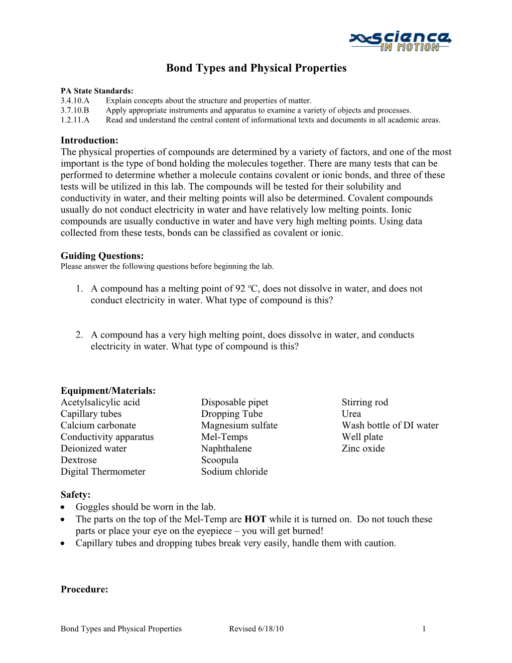 Bond Type and Physical Properties