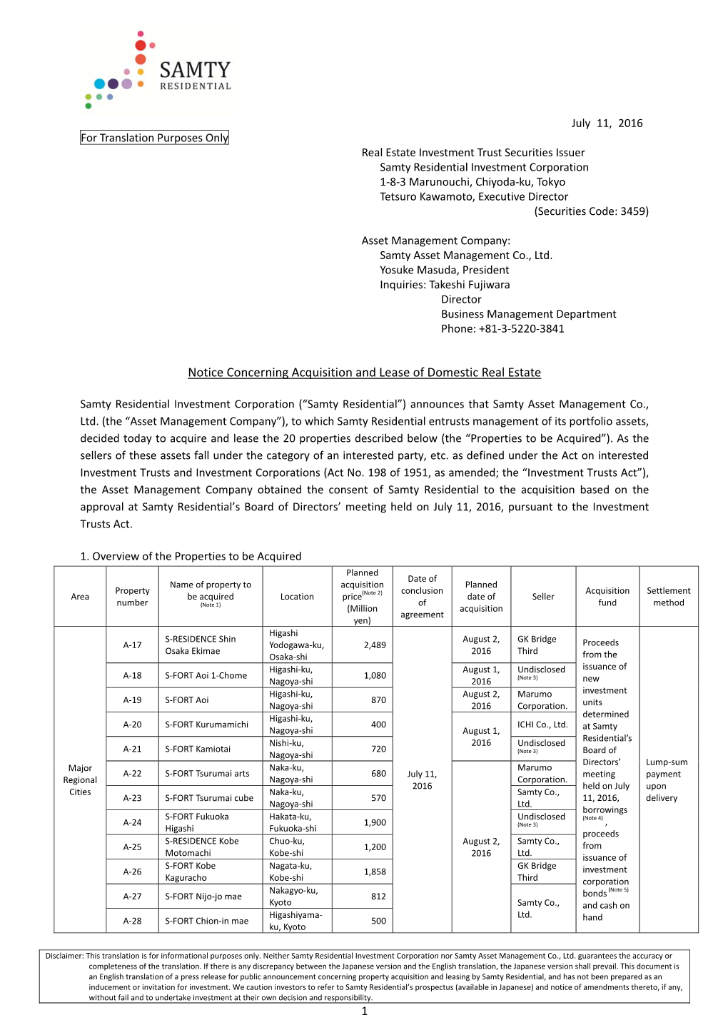 Notice Concerning Acquisition and Lease of Domestic Real Estate