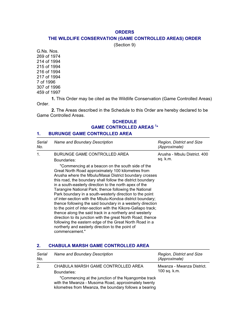 GAME CONTROLLED AREAS) ORDER (Section 9) G.Ns