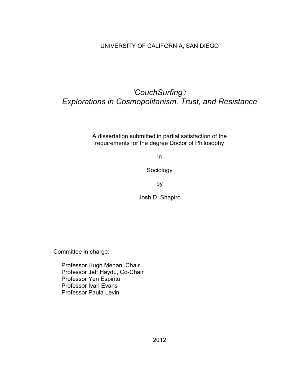 'Couchsurfing': Explorations in Cosmopolitanism, Trust, And