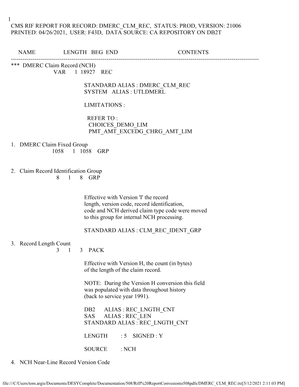 NCH DMERC Claim Record Version L Data Dictionary