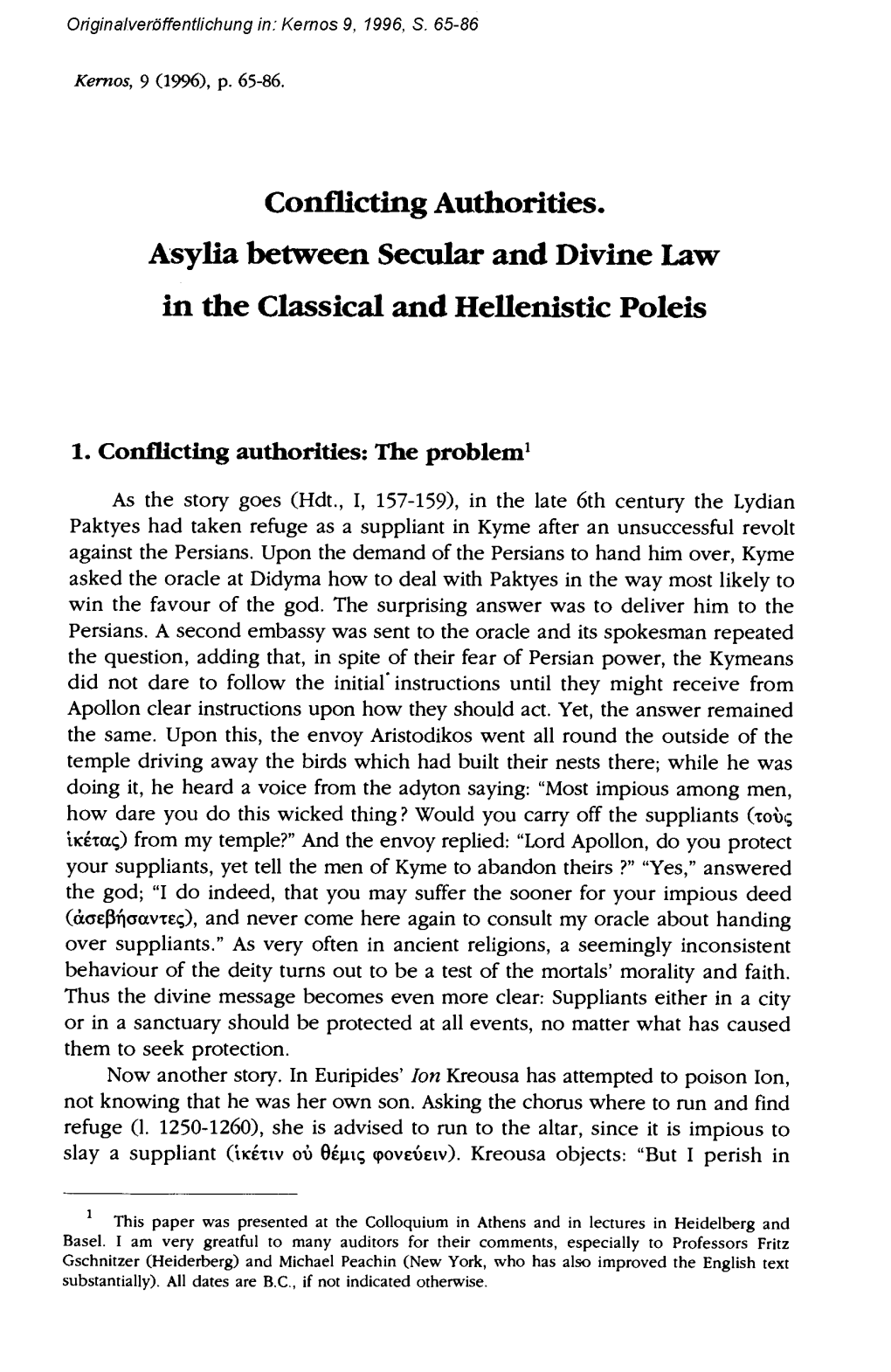 Conflicting Authorities. Asylia Between Secular and Divine Law in the Classical and Hellenistic Poleis