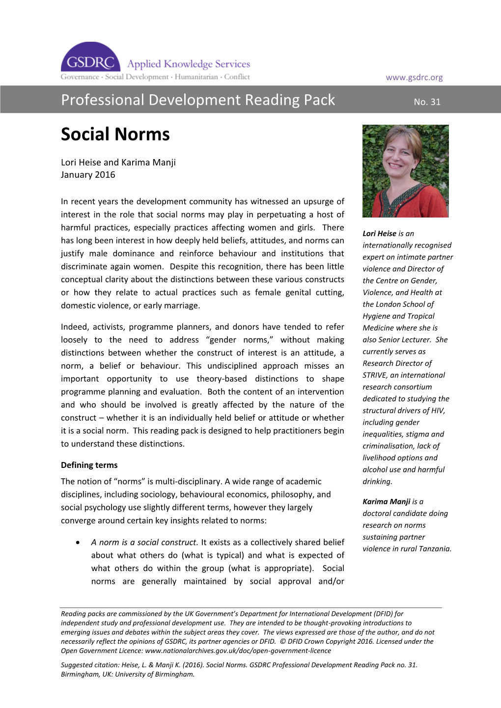 Social Norms. GSDRC Professional Development Reading Pack No. 31