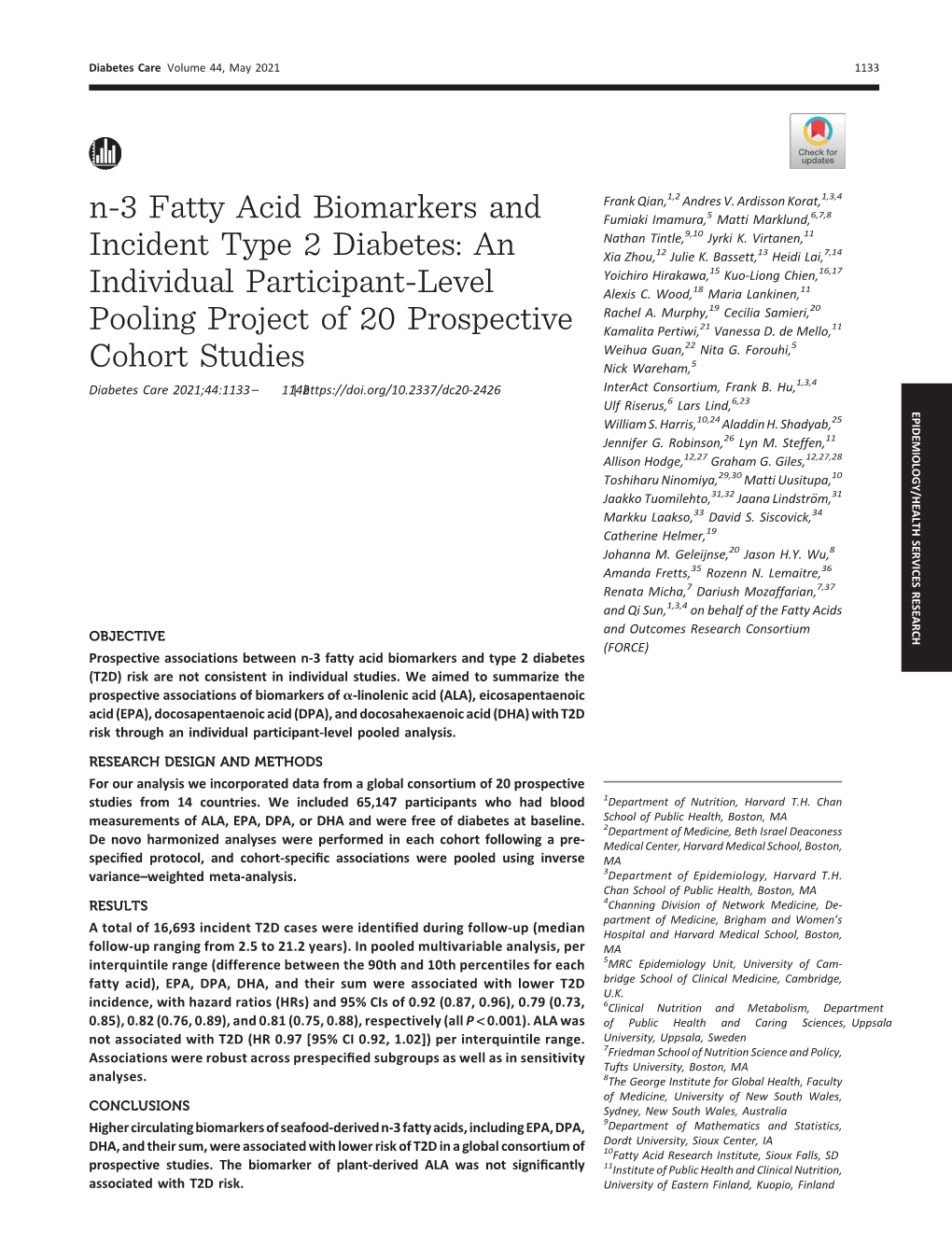 N-3 Fatty Acid Biomarkers and Incident Type 2 Diabetes