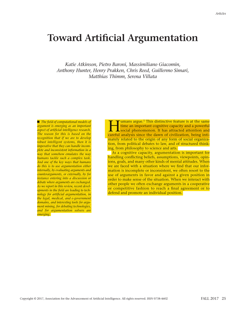 Toward Artificial Argumentation