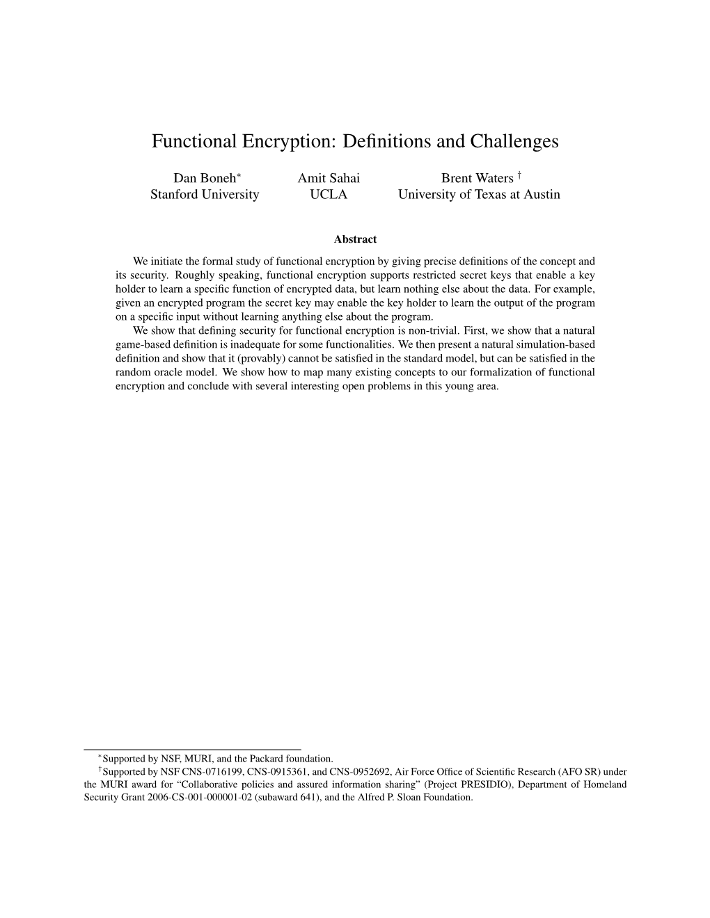 Functional Encryption: Definitions and Challenges